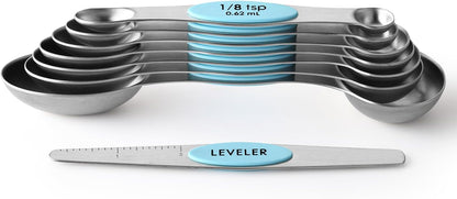 Stainless Steel Magnetic Measuring Spoons Set of 8, Black | Dual Sided Metal Teaspoon & Tablespoon Measuring Spoons with Leveler for Dry & Liquid Ingredients, Nesting, Dishwasher Safe