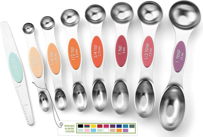 Stainless Steel Magnetic Measuring Spoons Set of 8, Black | Dual Sided Metal Teaspoon & Tablespoon Measuring Spoons with Leveler for Dry & Liquid Ingredients, Nesting, Dishwasher Safe