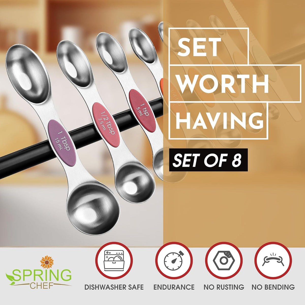 Stainless Steel Magnetic Measuring Spoons Set of 8, Black | Dual Sided Metal Teaspoon & Tablespoon Measuring Spoons with Leveler for Dry & Liquid Ingredients, Nesting, Dishwasher Safe