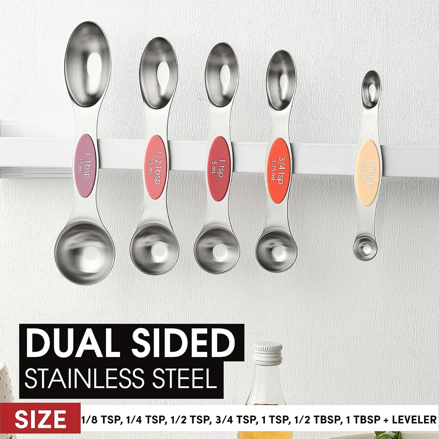 Stainless Steel Magnetic Measuring Spoons Set of 8, Black | Dual Sided Metal Teaspoon & Tablespoon Measuring Spoons with Leveler for Dry & Liquid Ingredients, Nesting, Dishwasher Safe
