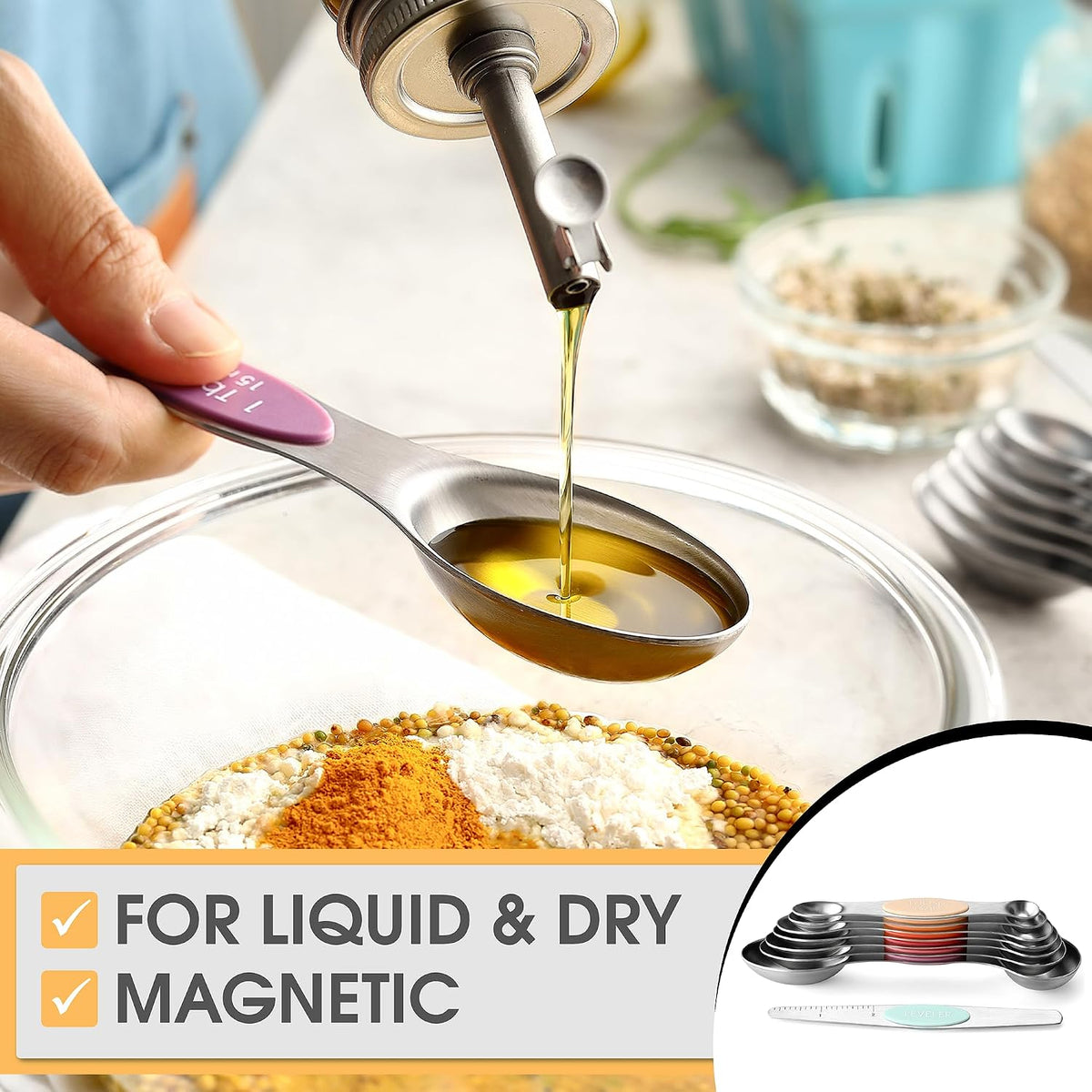 Stainless Steel Magnetic Measuring Spoons Set of 8, Black | Dual Sided Metal Teaspoon & Tablespoon Measuring Spoons with Leveler for Dry & Liquid Ingredients, Nesting, Dishwasher Safe