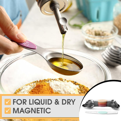 Stainless Steel Magnetic Measuring Spoons Set of 8, Black | Dual Sided Metal Teaspoon & Tablespoon Measuring Spoons with Leveler for Dry & Liquid Ingredients, Nesting, Dishwasher Safe