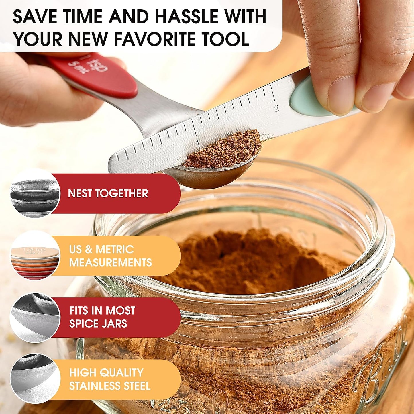 Stainless Steel Magnetic Measuring Spoons Set of 8, Black | Dual Sided Metal Teaspoon & Tablespoon Measuring Spoons with Leveler for Dry & Liquid Ingredients, Nesting, Dishwasher Safe