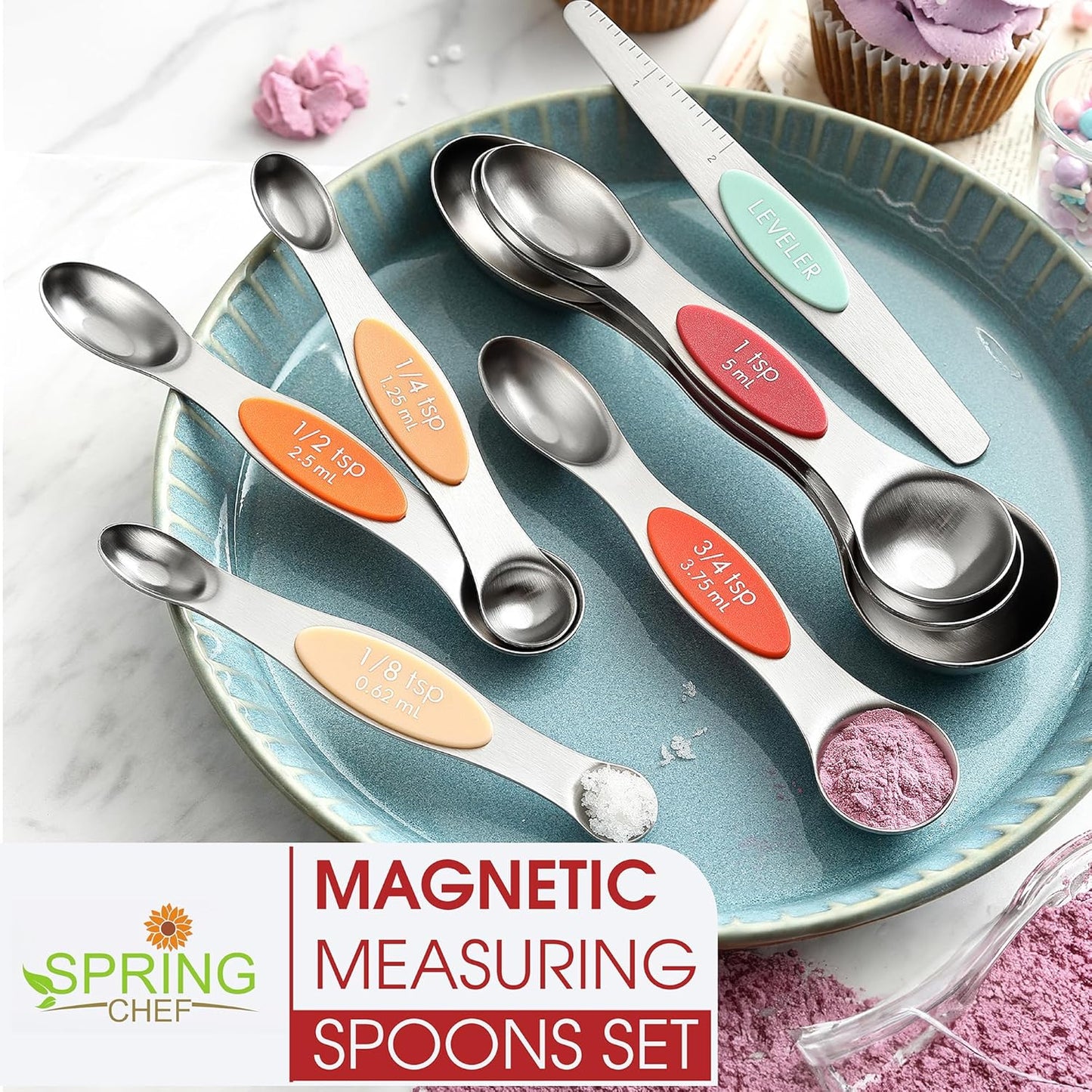 Stainless Steel Magnetic Measuring Spoons Set of 8, Black | Dual Sided Metal Teaspoon & Tablespoon Measuring Spoons with Leveler for Dry & Liquid Ingredients, Nesting, Dishwasher Safe