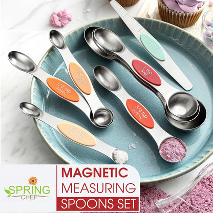 Stainless Steel Magnetic Measuring Spoons Set of 8, Black | Dual Sided Metal Teaspoon & Tablespoon Measuring Spoons with Leveler for Dry & Liquid Ingredients, Nesting, Dishwasher Safe