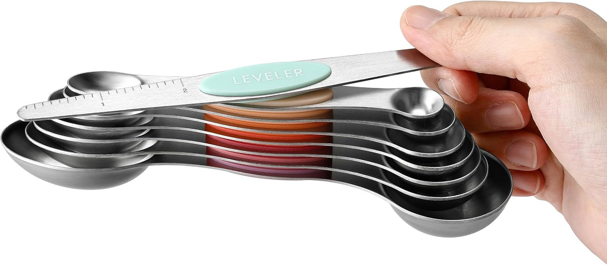 Stainless Steel Magnetic Measuring Spoons Set of 8, Black | Dual Sided Metal Teaspoon & Tablespoon Measuring Spoons with Leveler for Dry & Liquid Ingredients, Nesting, Dishwasher Safe