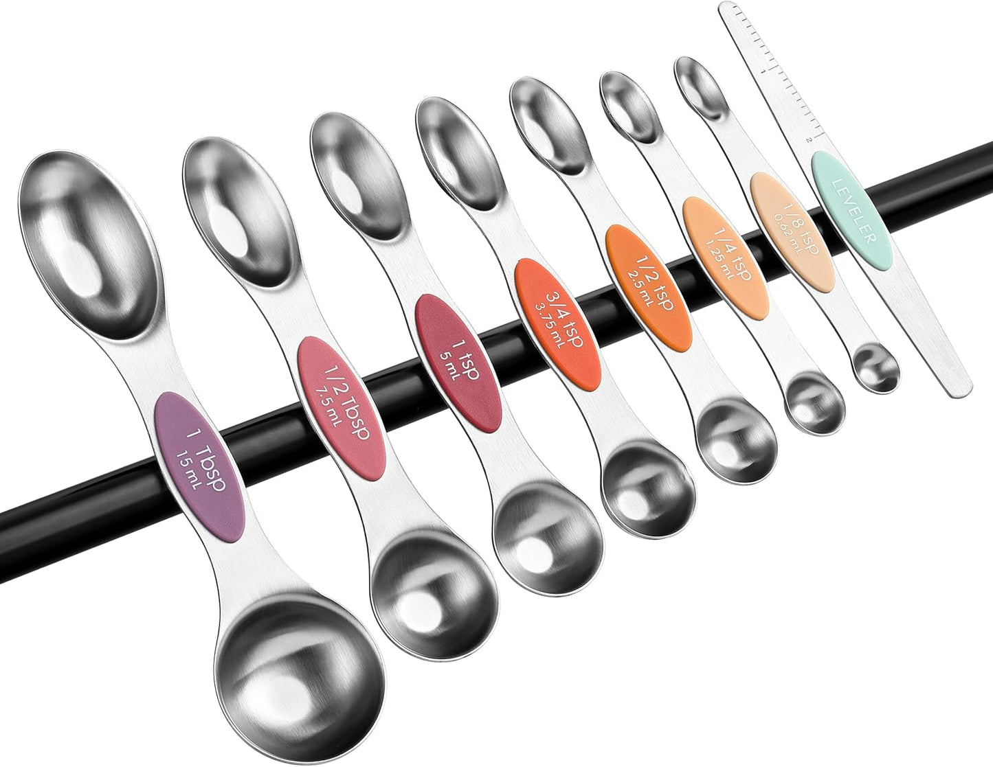 Stainless Steel Magnetic Measuring Spoons Set of 8, Black | Dual Sided Metal Teaspoon & Tablespoon Measuring Spoons with Leveler for Dry & Liquid Ingredients, Nesting, Dishwasher Safe