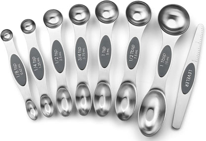 Stainless Steel Magnetic Measuring Spoons Set of 8, Black | Dual Sided Metal Teaspoon & Tablespoon Measuring Spoons with Leveler for Dry & Liquid Ingredients, Nesting, Dishwasher Safe