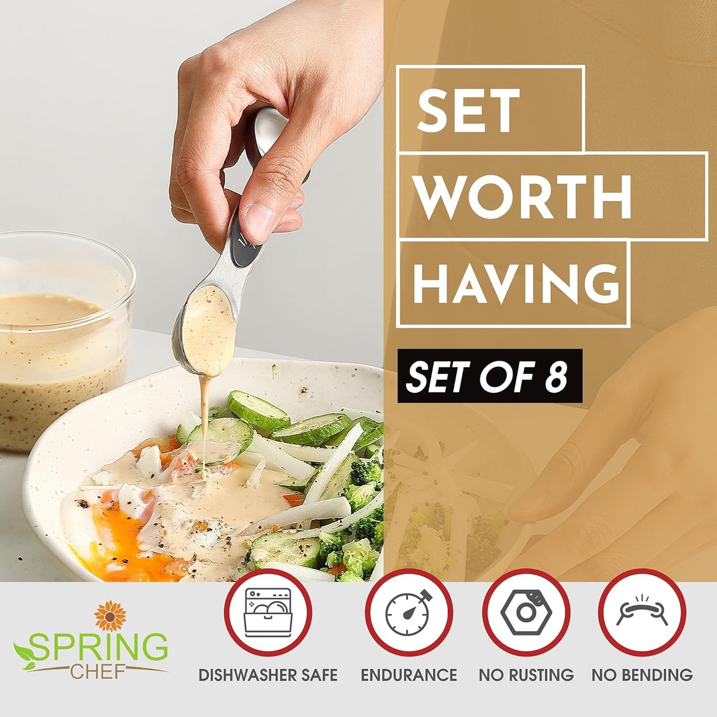 Stainless Steel Magnetic Measuring Spoons Set of 8, Black | Dual Sided Metal Teaspoon & Tablespoon Measuring Spoons with Leveler for Dry & Liquid Ingredients, Nesting, Dishwasher Safe
