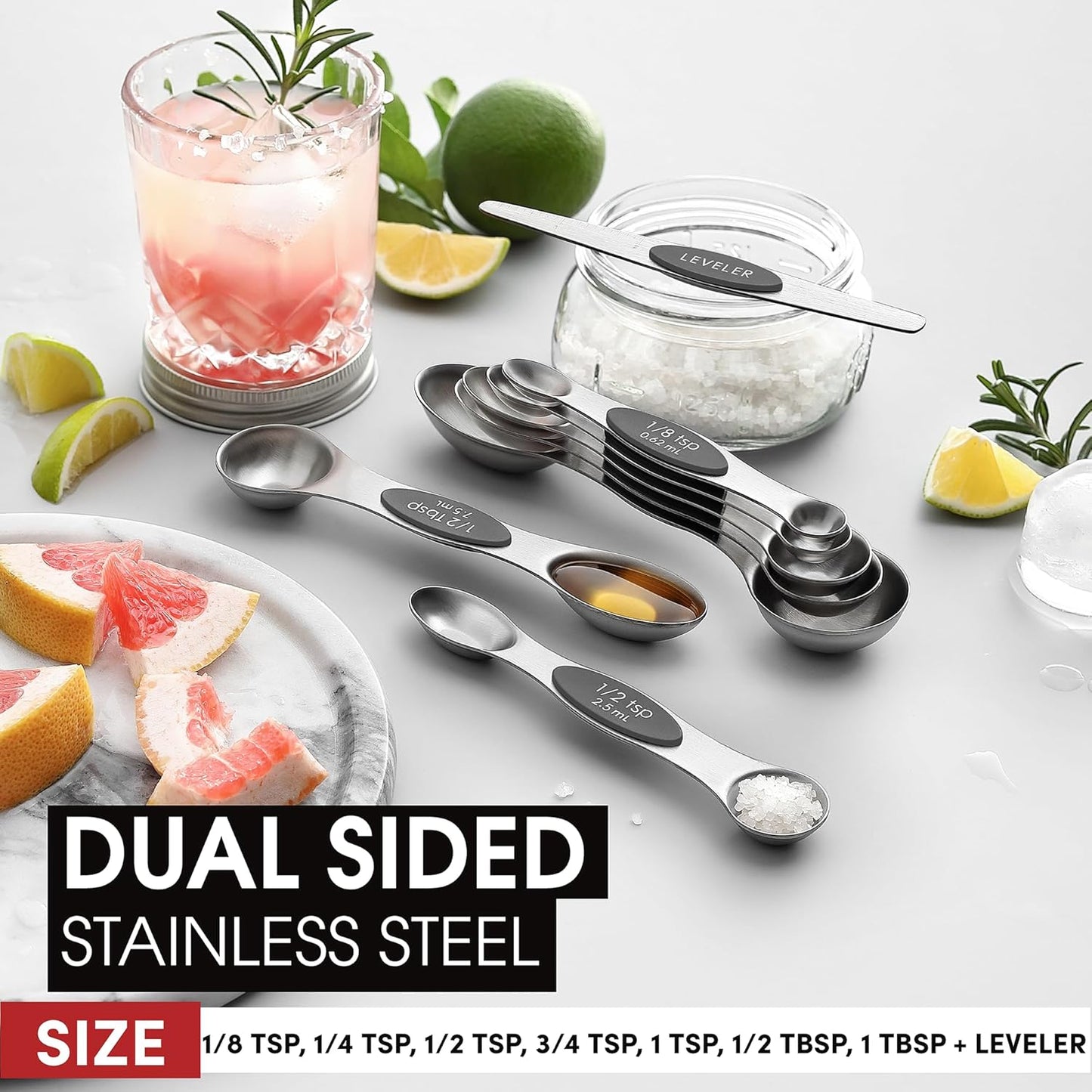 Stainless Steel Magnetic Measuring Spoons Set of 8, Black | Dual Sided Metal Teaspoon & Tablespoon Measuring Spoons with Leveler for Dry & Liquid Ingredients, Nesting, Dishwasher Safe