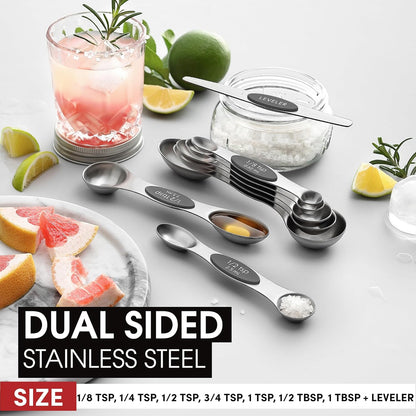 Stainless Steel Magnetic Measuring Spoons Set of 8, Black | Dual Sided Metal Teaspoon & Tablespoon Measuring Spoons with Leveler for Dry & Liquid Ingredients, Nesting, Dishwasher Safe