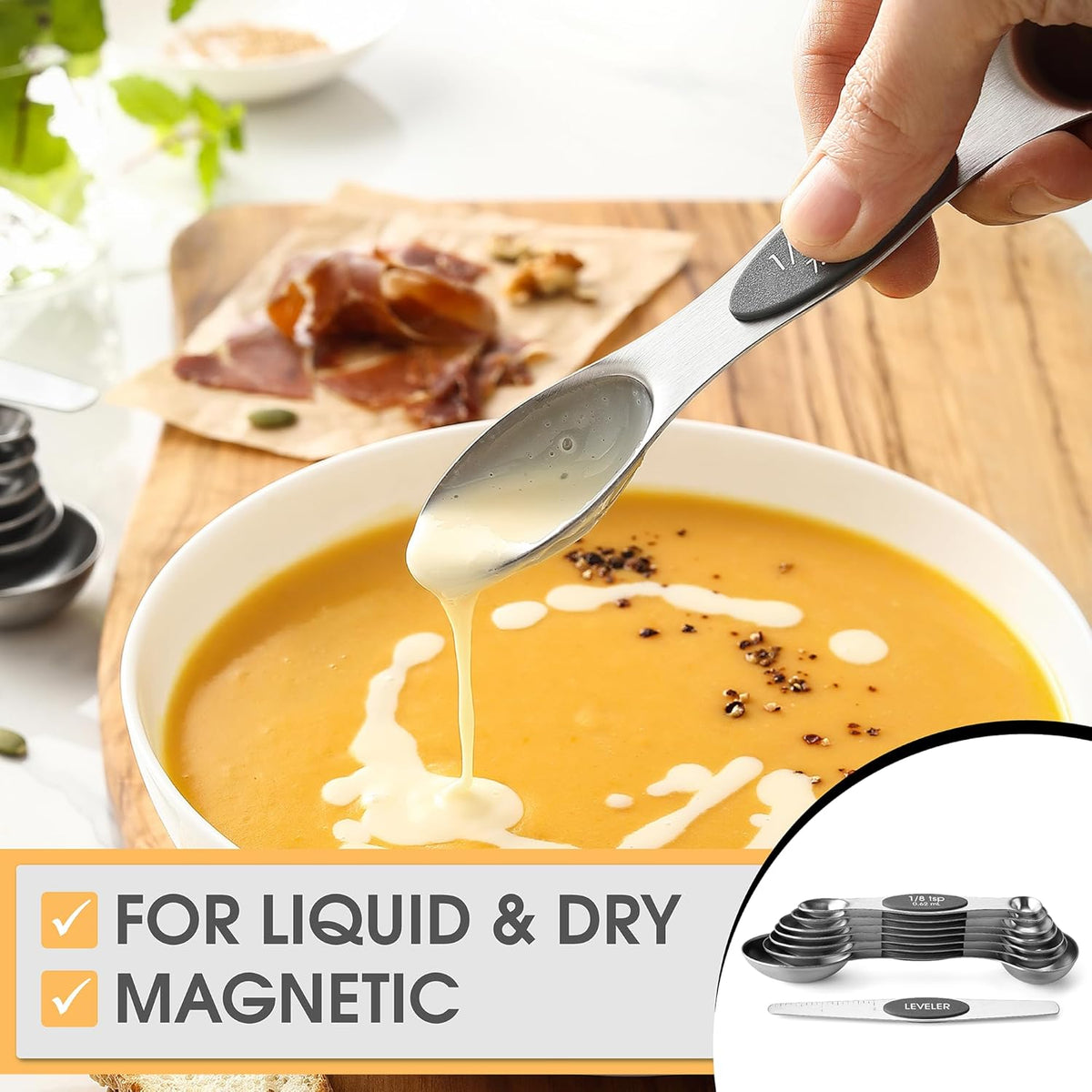 Stainless Steel Magnetic Measuring Spoons Set of 8, Black | Dual Sided Metal Teaspoon & Tablespoon Measuring Spoons with Leveler for Dry & Liquid Ingredients, Nesting, Dishwasher Safe