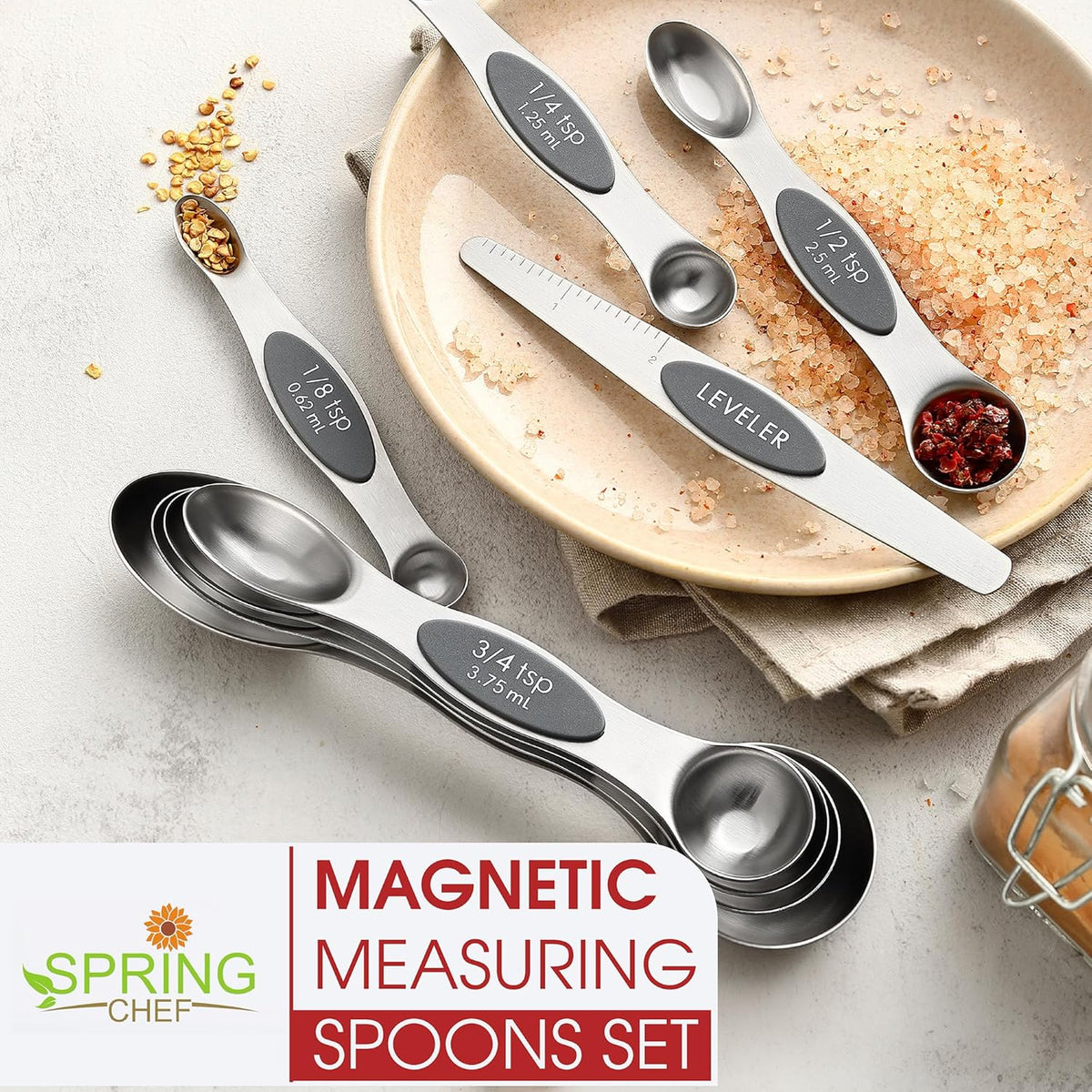 Stainless Steel Magnetic Measuring Spoons Set of 8, Black | Dual Sided Metal Teaspoon & Tablespoon Measuring Spoons with Leveler for Dry & Liquid Ingredients, Nesting, Dishwasher Safe