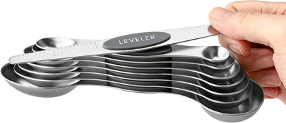 Stainless Steel Magnetic Measuring Spoons Set of 8, Black | Dual Sided Metal Teaspoon & Tablespoon Measuring Spoons with Leveler for Dry & Liquid Ingredients, Nesting, Dishwasher Safe