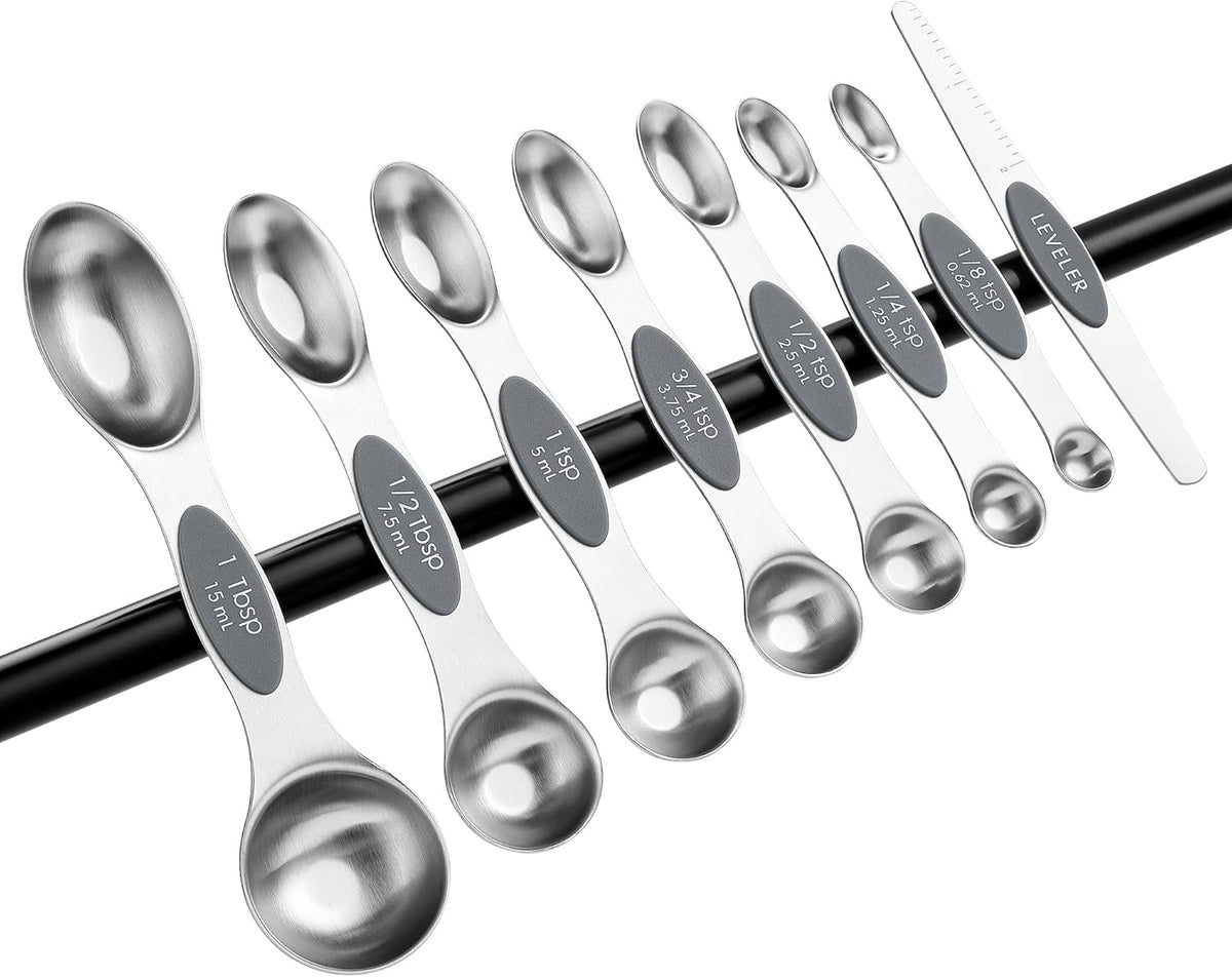 Stainless Steel Magnetic Measuring Spoons Set of 8, Black | Dual Sided Metal Teaspoon & Tablespoon Measuring Spoons with Leveler for Dry & Liquid Ingredients, Nesting, Dishwasher Safe