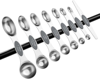 Stainless Steel Magnetic Measuring Spoons Set of 8, Black | Dual Sided Metal Teaspoon & Tablespoon Measuring Spoons with Leveler for Dry & Liquid Ingredients, Nesting, Dishwasher Safe