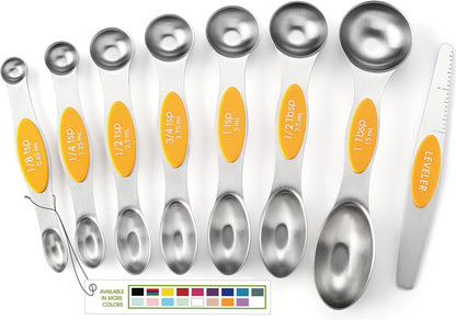 Stainless Steel Magnetic Measuring Spoons Set of 8, Black | Dual Sided Metal Teaspoon & Tablespoon Measuring Spoons with Leveler for Dry & Liquid Ingredients, Nesting, Dishwasher Safe