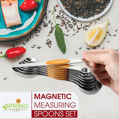 Stainless Steel Magnetic Measuring Spoons Set of 8, Black | Dual Sided Metal Teaspoon & Tablespoon Measuring Spoons with Leveler for Dry & Liquid Ingredients, Nesting, Dishwasher Safe