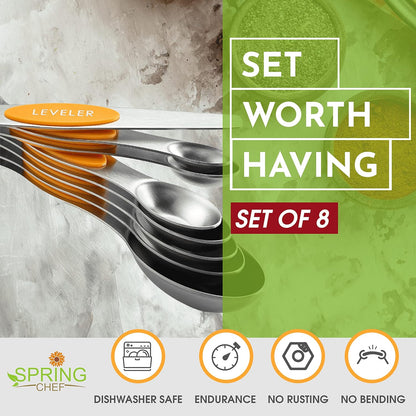 Stainless Steel Magnetic Measuring Spoons Set of 8, Black | Dual Sided Metal Teaspoon & Tablespoon Measuring Spoons with Leveler for Dry & Liquid Ingredients, Nesting, Dishwasher Safe
