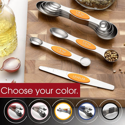 Stainless Steel Magnetic Measuring Spoons Set of 8, Black | Dual Sided Metal Teaspoon & Tablespoon Measuring Spoons with Leveler for Dry & Liquid Ingredients, Nesting, Dishwasher Safe