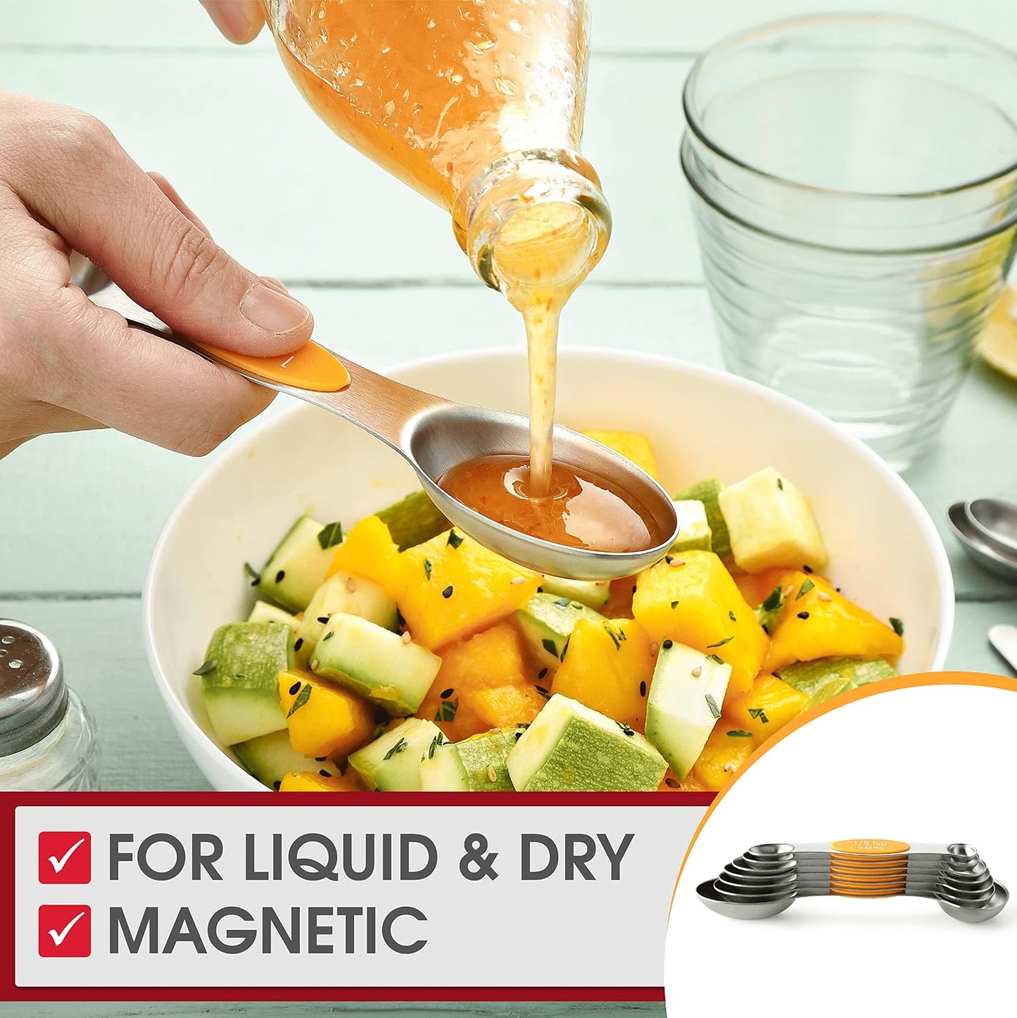 Stainless Steel Magnetic Measuring Spoons Set of 8, Black | Dual Sided Metal Teaspoon & Tablespoon Measuring Spoons with Leveler for Dry & Liquid Ingredients, Nesting, Dishwasher Safe