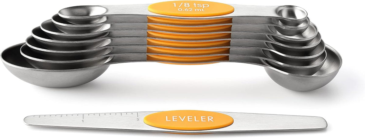 Stainless Steel Magnetic Measuring Spoons Set of 8, Black | Dual Sided Metal Teaspoon & Tablespoon Measuring Spoons with Leveler for Dry & Liquid Ingredients, Nesting, Dishwasher Safe