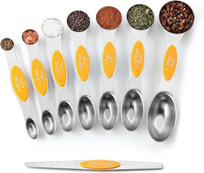 Stainless Steel Magnetic Measuring Spoons Set of 8, Black | Dual Sided Metal Teaspoon & Tablespoon Measuring Spoons with Leveler for Dry & Liquid Ingredients, Nesting, Dishwasher Safe