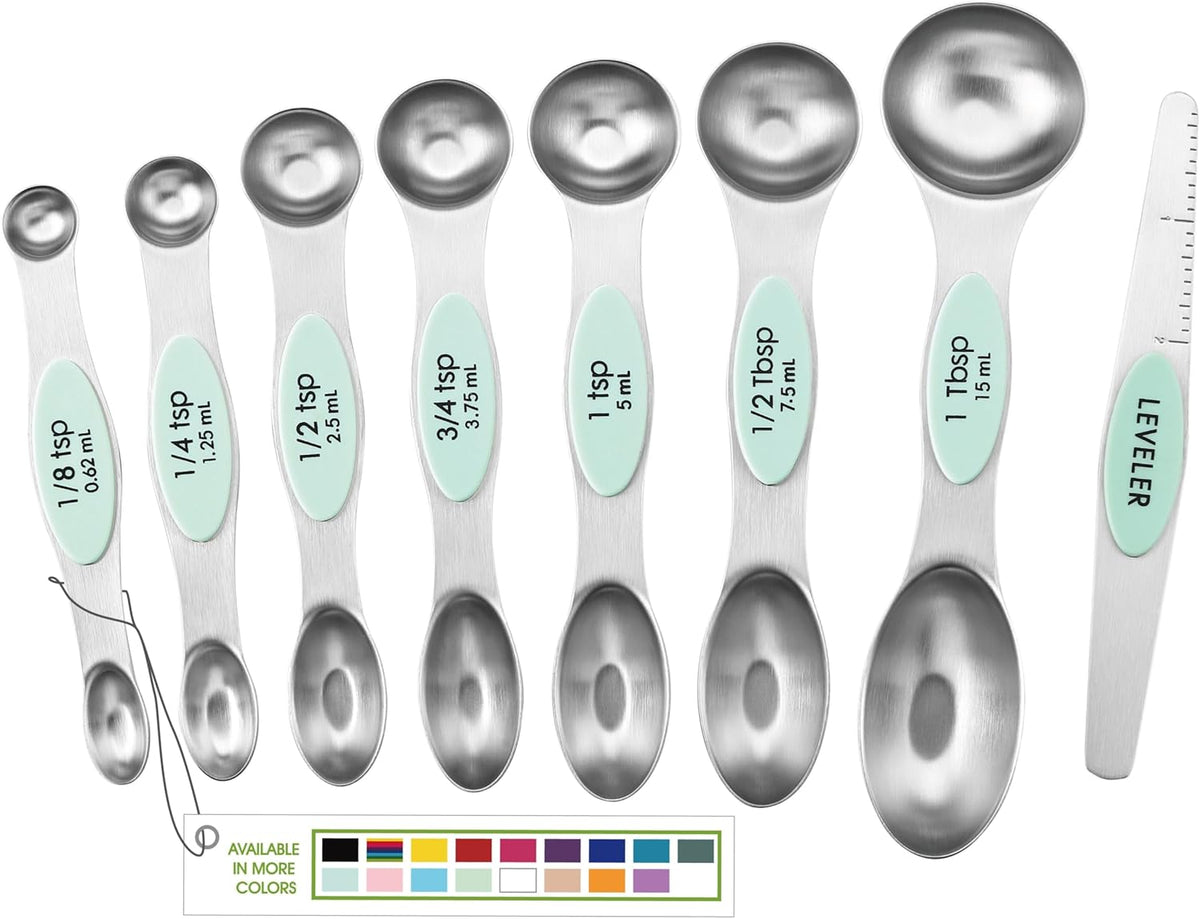 Stainless Steel Magnetic Measuring Spoons Set of 8, Black | Dual Sided Metal Teaspoon & Tablespoon Measuring Spoons with Leveler for Dry & Liquid Ingredients, Nesting, Dishwasher Safe