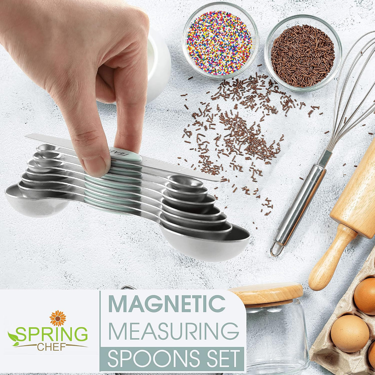 Stainless Steel Magnetic Measuring Spoons Set of 8, Black | Dual Sided Metal Teaspoon & Tablespoon Measuring Spoons with Leveler for Dry & Liquid Ingredients, Nesting, Dishwasher Safe