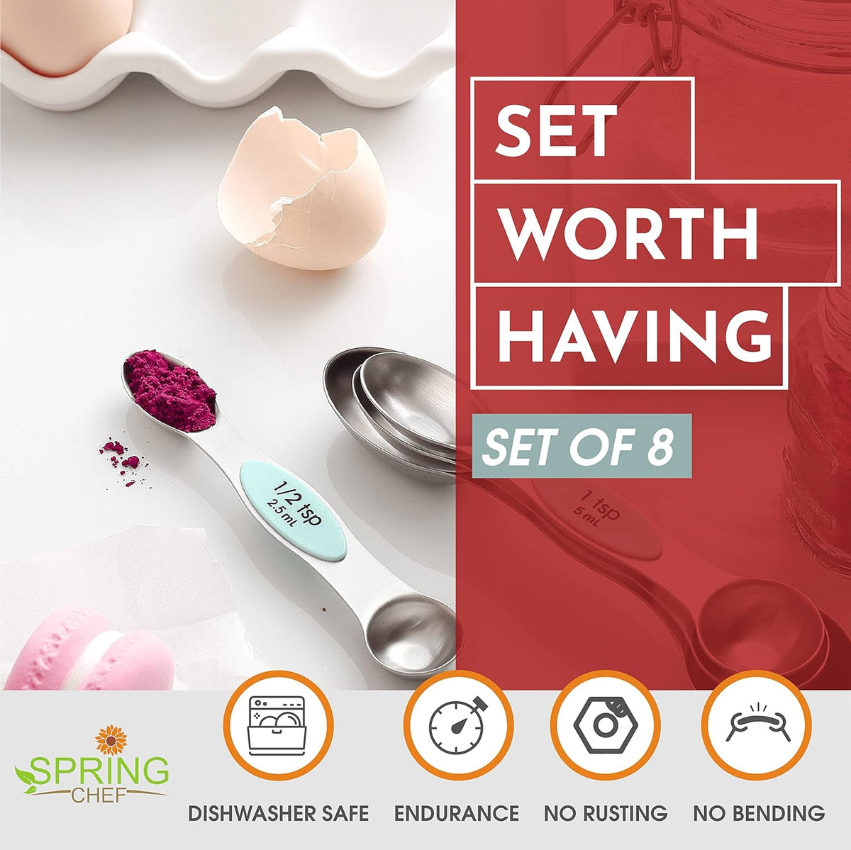 Stainless Steel Magnetic Measuring Spoons Set of 8, Black | Dual Sided Metal Teaspoon & Tablespoon Measuring Spoons with Leveler for Dry & Liquid Ingredients, Nesting, Dishwasher Safe
