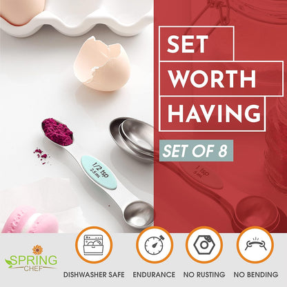 Stainless Steel Magnetic Measuring Spoons Set of 8, Black | Dual Sided Metal Teaspoon & Tablespoon Measuring Spoons with Leveler for Dry & Liquid Ingredients, Nesting, Dishwasher Safe