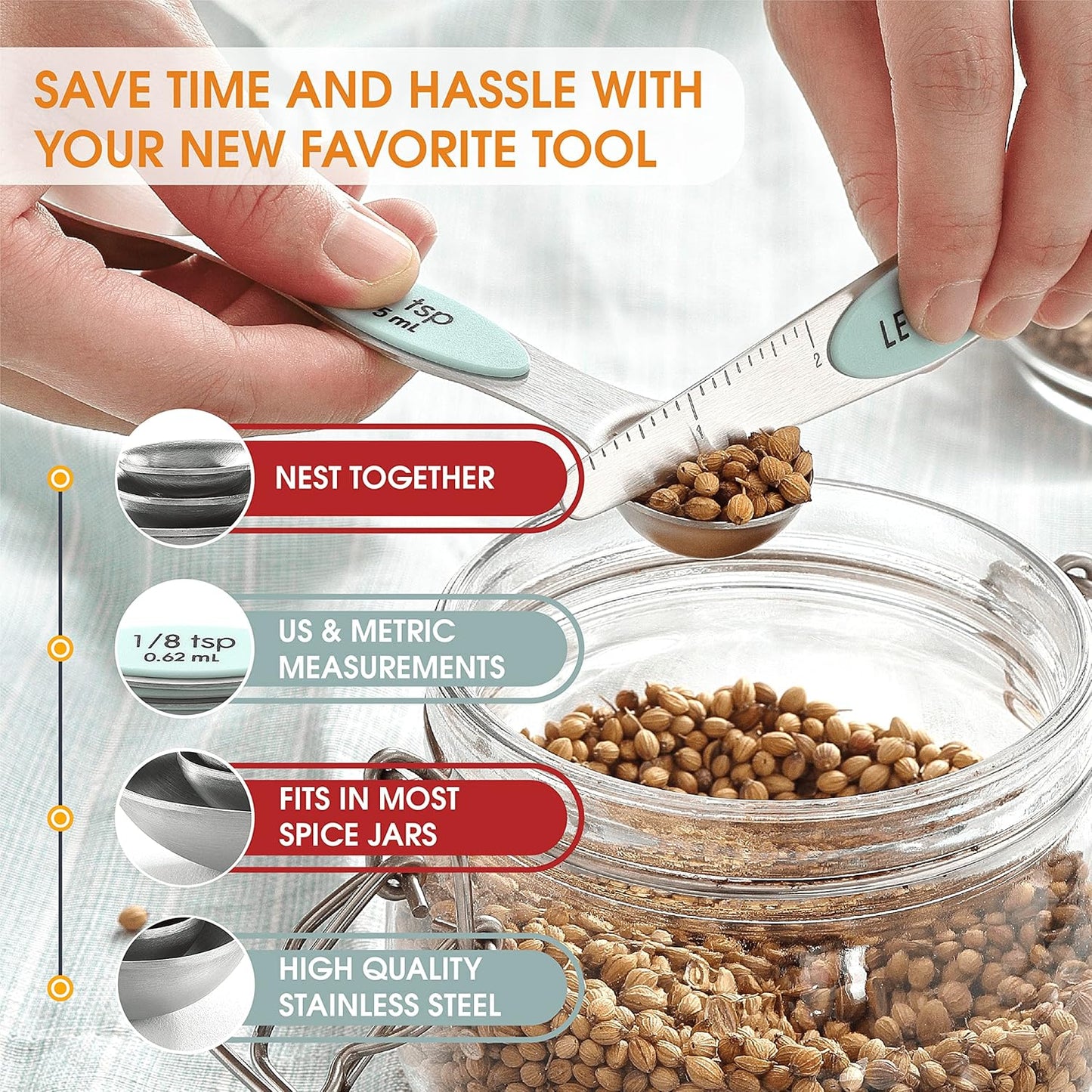 Stainless Steel Magnetic Measuring Spoons Set of 8, Black | Dual Sided Metal Teaspoon & Tablespoon Measuring Spoons with Leveler for Dry & Liquid Ingredients, Nesting, Dishwasher Safe