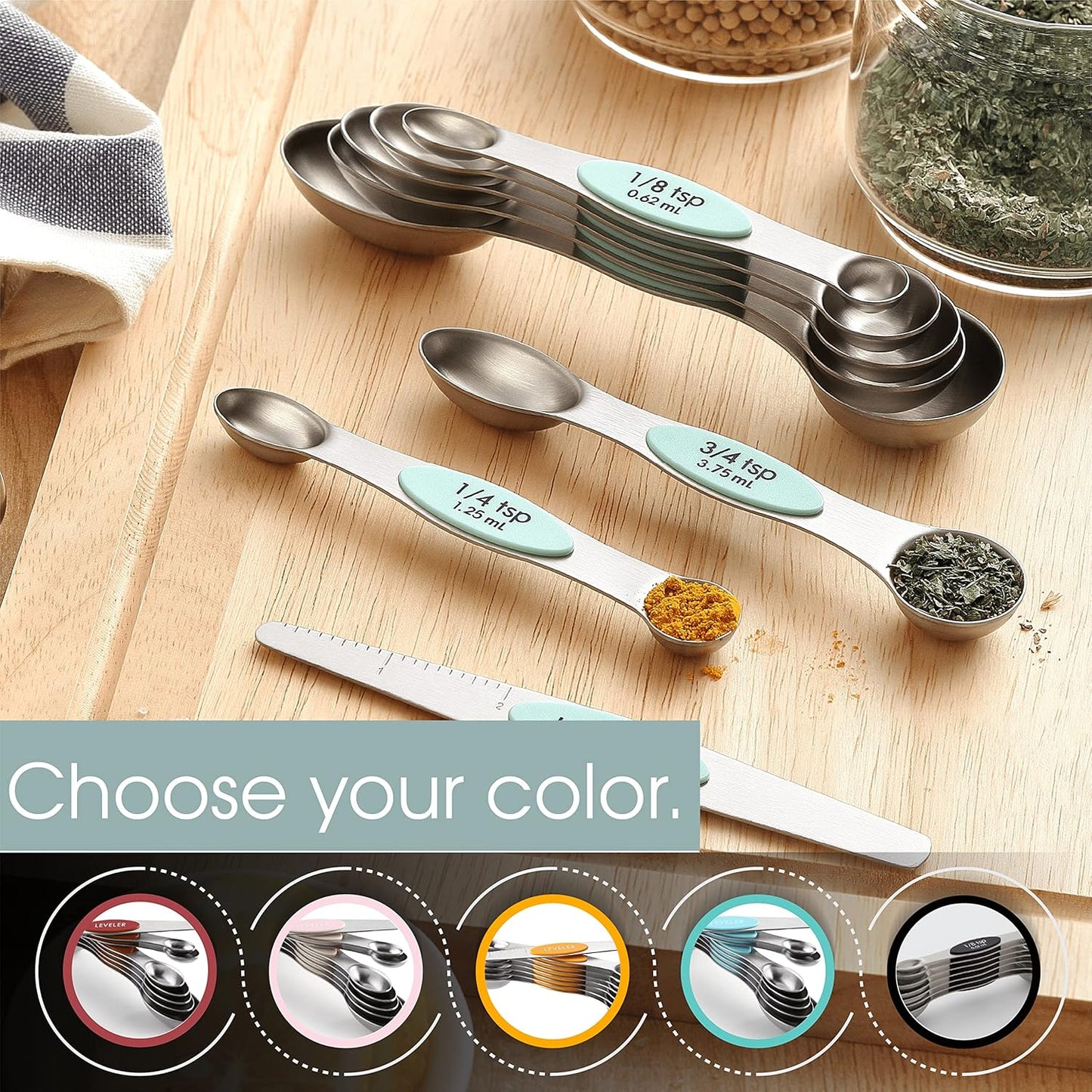 Stainless Steel Magnetic Measuring Spoons Set of 8, Black | Dual Sided Metal Teaspoon & Tablespoon Measuring Spoons with Leveler for Dry & Liquid Ingredients, Nesting, Dishwasher Safe