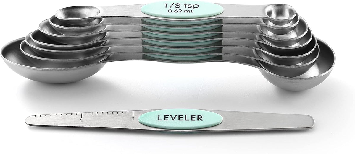 Stainless Steel Magnetic Measuring Spoons Set of 8, Black | Dual Sided Metal Teaspoon & Tablespoon Measuring Spoons with Leveler for Dry & Liquid Ingredients, Nesting, Dishwasher Safe