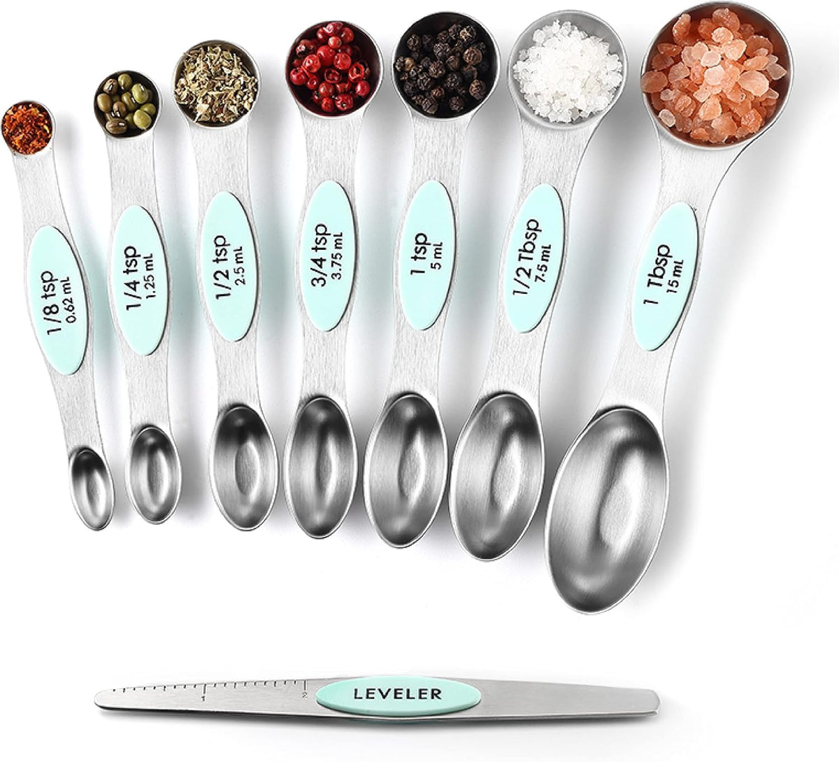 Stainless Steel Magnetic Measuring Spoons Set of 8, Black | Dual Sided Metal Teaspoon & Tablespoon Measuring Spoons with Leveler for Dry & Liquid Ingredients, Nesting, Dishwasher Safe