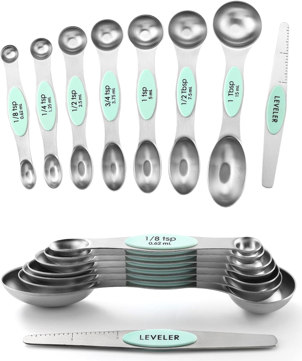 Stainless Steel Magnetic Measuring Spoons Set of 8, Black | Dual Sided Metal Teaspoon & Tablespoon Measuring Spoons with Leveler for Dry & Liquid Ingredients, Nesting, Dishwasher Safe