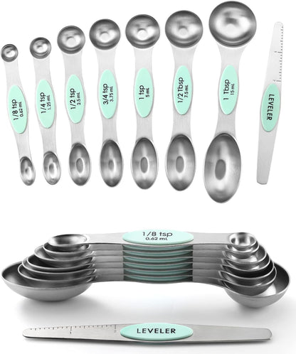 Stainless Steel Magnetic Measuring Spoons Set of 8, Black | Dual Sided Metal Teaspoon & Tablespoon Measuring Spoons with Leveler for Dry & Liquid Ingredients, Nesting, Dishwasher Safe
