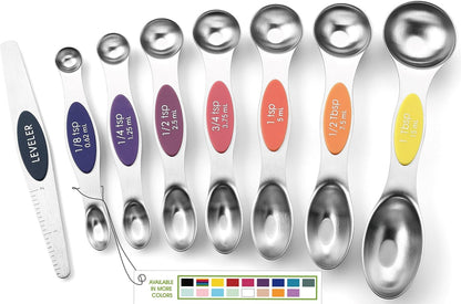Stainless Steel Magnetic Measuring Spoons Set of 8, Black | Dual Sided Metal Teaspoon & Tablespoon Measuring Spoons with Leveler for Dry & Liquid Ingredients, Nesting, Dishwasher Safe