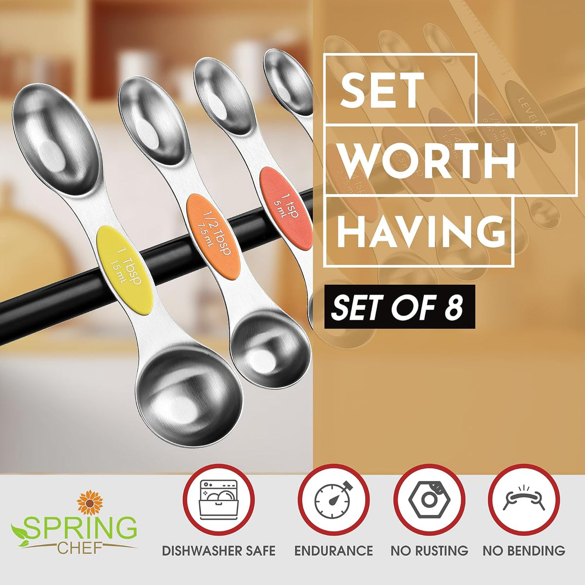 Stainless Steel Magnetic Measuring Spoons Set of 8, Black | Dual Sided Metal Teaspoon & Tablespoon Measuring Spoons with Leveler for Dry & Liquid Ingredients, Nesting, Dishwasher Safe