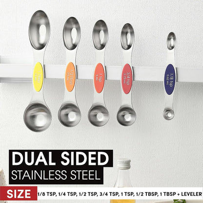 Stainless Steel Magnetic Measuring Spoons Set of 8, Black | Dual Sided Metal Teaspoon & Tablespoon Measuring Spoons with Leveler for Dry & Liquid Ingredients, Nesting, Dishwasher Safe