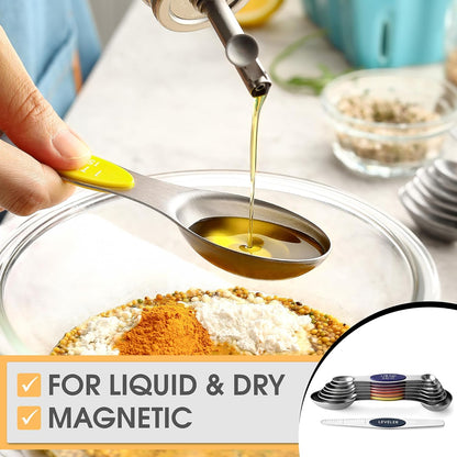 Stainless Steel Magnetic Measuring Spoons Set of 8, Black | Dual Sided Metal Teaspoon & Tablespoon Measuring Spoons with Leveler for Dry & Liquid Ingredients, Nesting, Dishwasher Safe