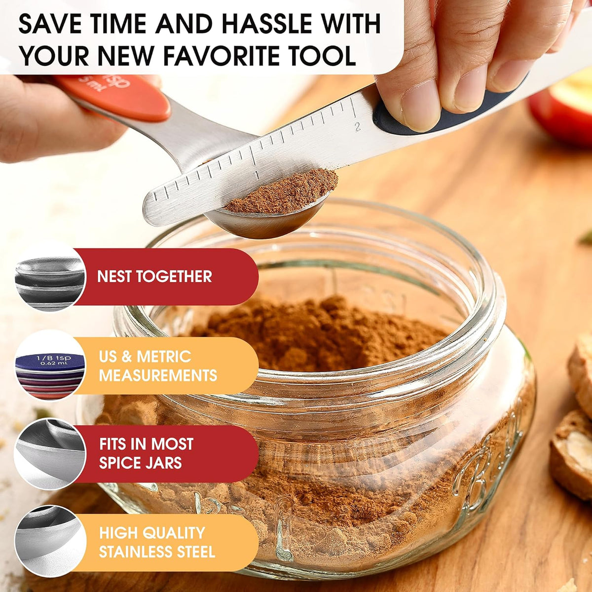 Stainless Steel Magnetic Measuring Spoons Set of 8, Black | Dual Sided Metal Teaspoon & Tablespoon Measuring Spoons with Leveler for Dry & Liquid Ingredients, Nesting, Dishwasher Safe