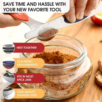 Stainless Steel Magnetic Measuring Spoons Set of 8, Black | Dual Sided Metal Teaspoon & Tablespoon Measuring Spoons with Leveler for Dry & Liquid Ingredients, Nesting, Dishwasher Safe