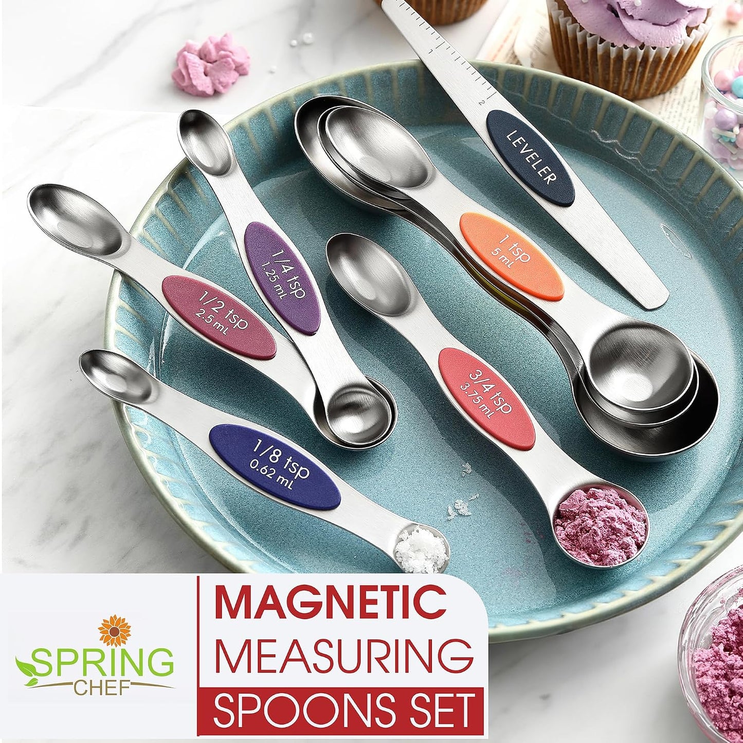 Stainless Steel Magnetic Measuring Spoons Set of 8, Black | Dual Sided Metal Teaspoon & Tablespoon Measuring Spoons with Leveler for Dry & Liquid Ingredients, Nesting, Dishwasher Safe