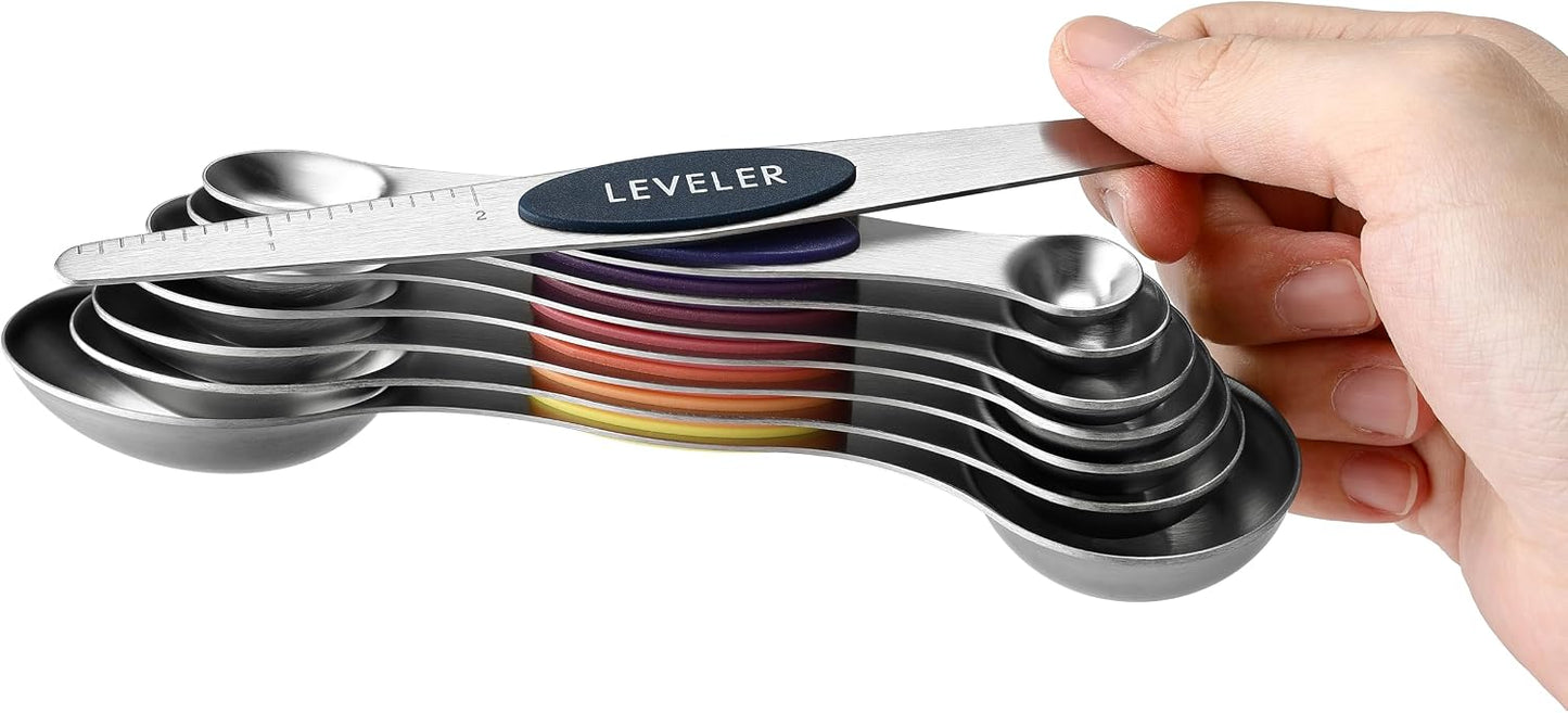 Stainless Steel Magnetic Measuring Spoons Set of 8, Black | Dual Sided Metal Teaspoon & Tablespoon Measuring Spoons with Leveler for Dry & Liquid Ingredients, Nesting, Dishwasher Safe