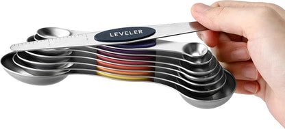 Stainless Steel Magnetic Measuring Spoons Set of 8, Black | Dual Sided Metal Teaspoon & Tablespoon Measuring Spoons with Leveler for Dry & Liquid Ingredients, Nesting, Dishwasher Safe