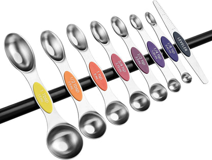 Stainless Steel Magnetic Measuring Spoons Set of 8, Black | Dual Sided Metal Teaspoon & Tablespoon Measuring Spoons with Leveler for Dry & Liquid Ingredients, Nesting, Dishwasher Safe