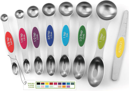 Stainless Steel Magnetic Measuring Spoons Set of 8, Black | Dual Sided Metal Teaspoon & Tablespoon Measuring Spoons with Leveler for Dry & Liquid Ingredients, Nesting, Dishwasher Safe
