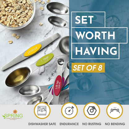 Stainless Steel Magnetic Measuring Spoons Set of 8, Black | Dual Sided Metal Teaspoon & Tablespoon Measuring Spoons with Leveler for Dry & Liquid Ingredients, Nesting, Dishwasher Safe