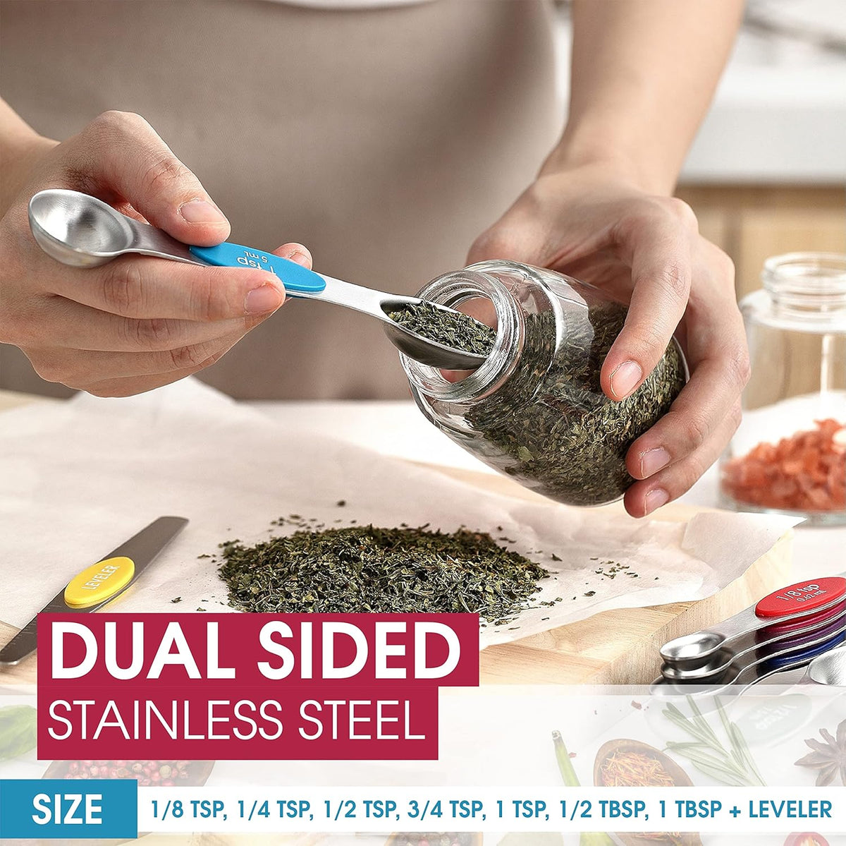 Stainless Steel Magnetic Measuring Spoons Set of 8, Black | Dual Sided Metal Teaspoon & Tablespoon Measuring Spoons with Leveler for Dry & Liquid Ingredients, Nesting, Dishwasher Safe